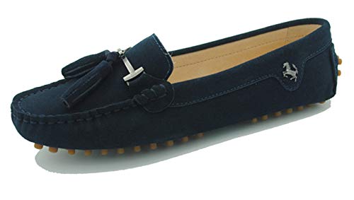 MINITOO Damen Quasten Slip-on Wildleder Leder Freizeit Slipper Mokassins Sommer Flache Schuhe Dunkelblau EU 38 von MINITOO