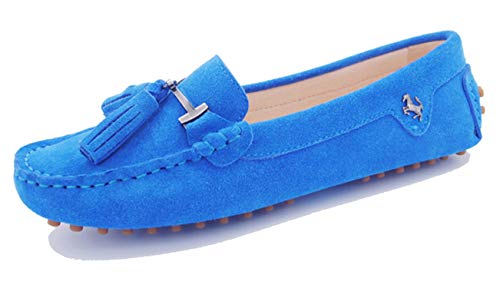 MINITOO Damen Quasten Slip-on Wildleder Leder Freizeit Slipper Mokassins Sommer Flache Schuhe Himmelblau EU 37 von MINITOO