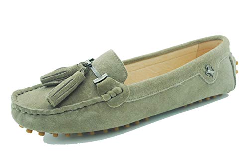 MINITOO Damen Quasten Slip-on Wildleder Leder Freizeit Slipper Mokassins Sommer Flache Schuhe Khaki Grau EU 39.5 von MINITOO