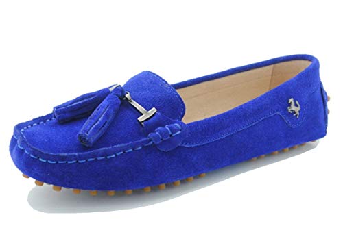 MINITOO Damen Quasten Slip-on Wildleder Leder Freizeit Slipper Mokassins Sommer Flache Schuhe Königsblau EU 37.5 von MINITOO