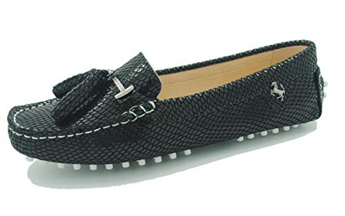 MINITOO Damen Quasten Slip-on Wildleder Leder Freizeit Slipper Mokassins Sommer Flache Schuhe Schwarze Schlange EU 40 von MINITOO