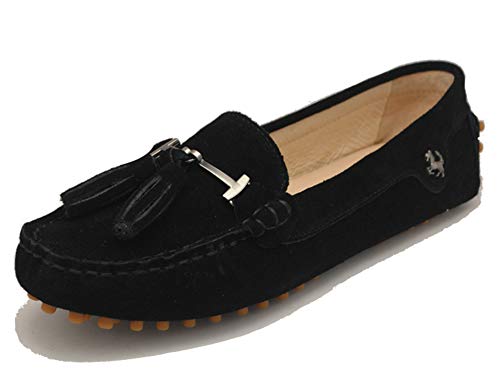 MINITOO Damen Quasten Slip-on Wildleder Leder Freizeit Slipper Mokassins Sommer Flache Schuhe Schwarzer Feststoff EU 39 von MINITOO