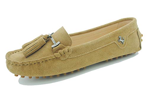 MINITOO Damen Quasten Slip-on Wildleder Leder Freizeit Slipper Mokassins Sommer Flache Schuhe Tan EU 38.5 von MINITOO