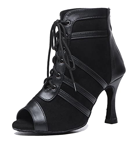 MINITOO Damen Salsa Latein Tanzschuhe Schnurschuh Ballsaal Stiefel L541 Schwarz EU 36 von MINITOO