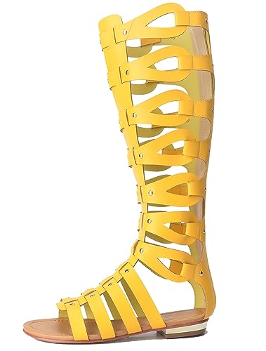 MINITOO Damen Sandalen Stiefel mit Flache Sommer Kniehoch Gladiator Schuhe TM001 Gelb EU 42 von MINITOO