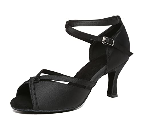 MINITOO Damen Satin Tanzschuhe Offene Hochzeit Party Schuhe L350 Schwarz 7.5cm Absatz EU 37 von MINITOO