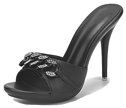 MINITOO Damen Schuhe Elegant Festlich Stiletto Hohem Absatz Sommer Pantoletten Sandalen TM025 Mattes Gewebe Schwarz EU 38 von MINITOO