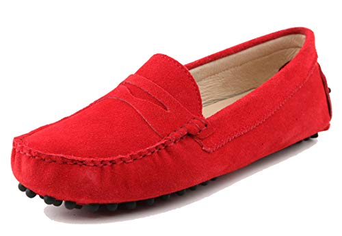MINITOO Damen Sommer Mokassin Bequem Penny Loafers Wildleder Slipper Schuhe Dunkelrot EU 39 von MINITOO