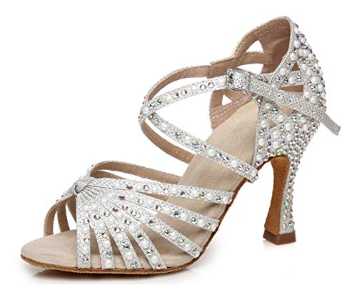 MINITOO Damen Tanzen Schuhe Tanzschuhe Latein Salsa Glitzer Sandalen L429 Weib Silber EU 43 von MINITOO