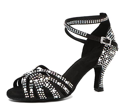 MINITOO Damen Tanzen Schuhe Tanzschuhe Latein Salsa Glitzer Sandalen L506 Schwarz 7.5cm Absatz EU 38 von MINITOO