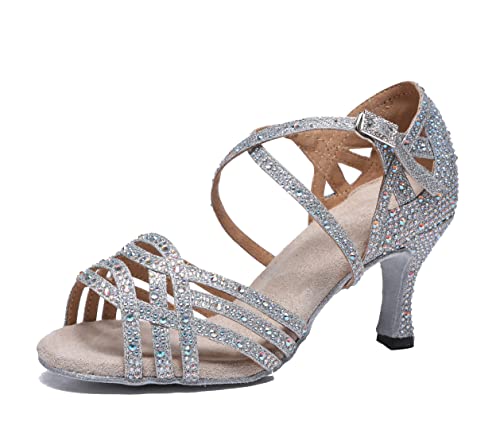 MINITOO Damen Tanzen Schuhe Tanzschuhe Latein Salsa mit Strass L357 Silber EU 34 von MINITOO