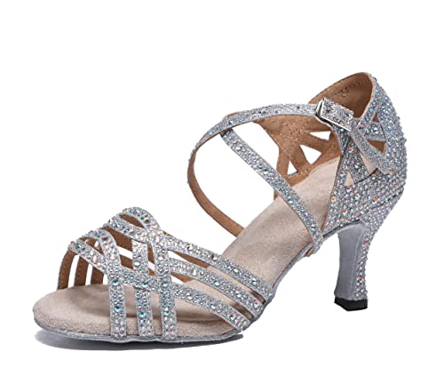 MINITOO Damen Tanzen Schuhe Tanzschuhe Latein Salsa Glitzer Sandalen L357 Silber 7.5cm Absatz EU 38 von MINITOO