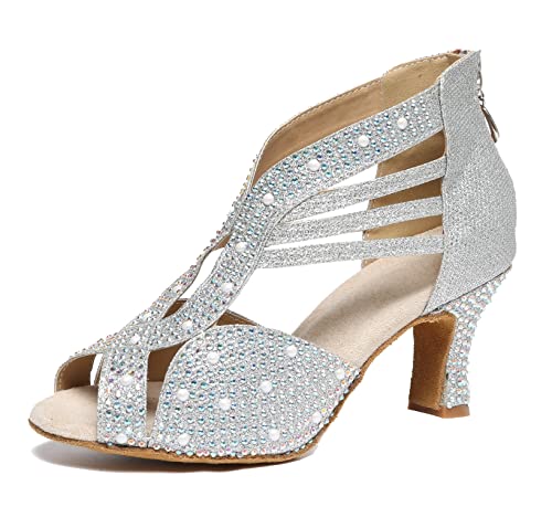 MINITOO Damen Tanzen Schuhe mit Strass Latein Tanzschuhe Offene Hochzeitsschuhe L419 Silber 6cm Absatz EU 34.5 von MINITOO