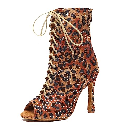 MINITOO Damen Tanzen Stiefeletten Offene Sommer Party Abend Sandale L574 Leopard 10cm Absatz EU 41 von MINITOO