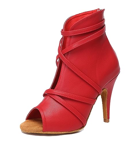 MINITOO Damen Tanzen Stiefeletten Offene Sommer Party Abend Sandale L579 Rot 10cm Absatz EU 38.5 von MINITOO