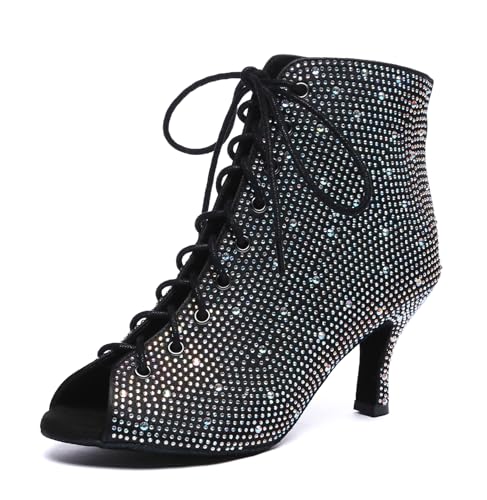 MINITOO Damen Tanzen Stiefeletten Offene Sommer Party Abend Sandale L606 Schwarz 7.5cm Absatz EU 38 von MINITOO