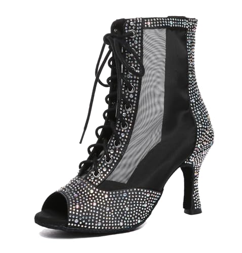 MINITOO Damen Tanzen Stiefeletten Offene Sommer Party Abend Sandale L621 Schwarz/Silber 7.5cm Absatz EU 39 von MINITOO