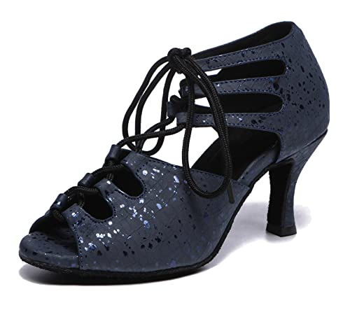 MINITOO Damen Tanzschuhe Standard Latein Salsa Schuhe Schnurschuh Formal Party Sandalen L531 Blau 6cm Absatz EU 39 von MINITOO