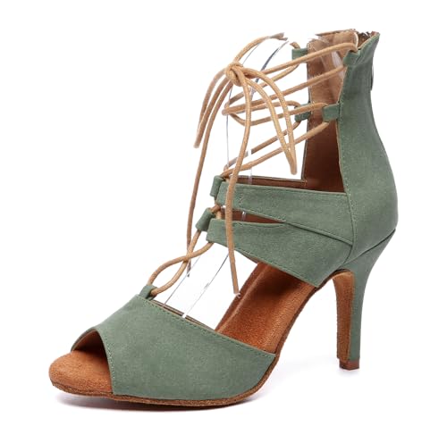 MINITOO Damen Tanzschuhe Standard Latein Salsa Schuhe Schnurschuh Formal Party Sandalen L584 Grün 8.5cm Absatz EU 36.5 von MINITOO