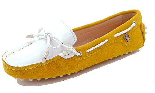 MINITOO Damen Zweifarbig Slip-on Freizeit Slipper Mokassins Flache Schuhe Gelb/Weib EU 37.5 von MINITOO