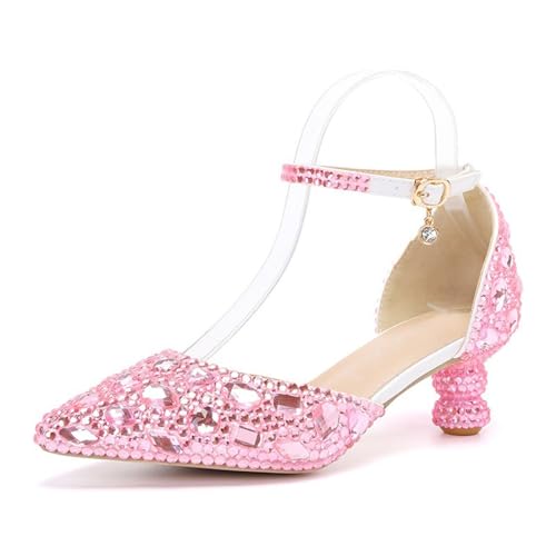 MINITOO Damens Geschlossene Hochzeits Schuhe Bequem Riemchen Abend Pumps G002 Pink Rhinestone EU 41.5 von MINITOO