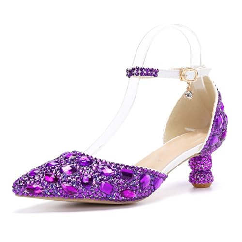 MINITOO Damens Geschlossene Hochzeits Schuhe Bequem Riemchen Abend Pumps G002 Purple Rhinestone EU 41.5 von MINITOO