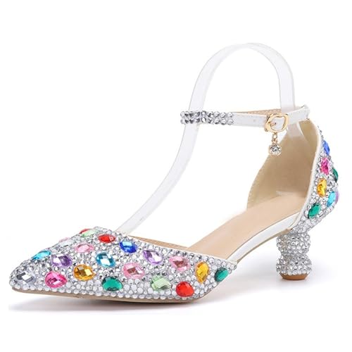 MINITOO Damens Geschlossene Hochzeits Schuhe Bequem Riemchen Abend Pumps G002 Rainbow Rhinestone EU 38.5 von MINITOO