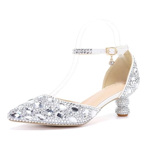 MINITOO Damens Geschlossene Hochzeits Schuhe Bequem Riemchen Abend Pumps G002 Silver Rhinestone EU 39.5 von MINITOO