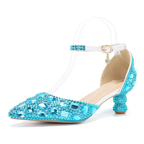MINITOO Damens Geschlossene Hochzeits Schuhe Bequem Riemchen Abend Pumps G002 Turquoise Rhinestone EU 38 von MINITOO