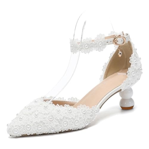 MINITOO Damens Geschlossene Hochzeits Schuhe Bequem Riemchen Abend Pumps G003 White Small Flowers EU 38.5 von MINITOO