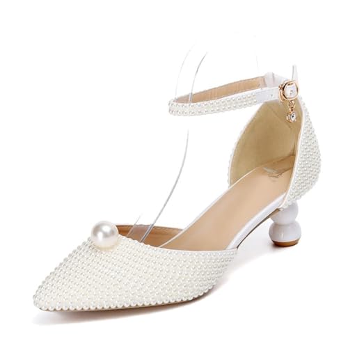 MINITOO Damens Geschlossene Hochzeits Schuhe Bequem Riemchen Abend Pumps G006 Ivory Jeweled EU 37.5 von MINITOO
