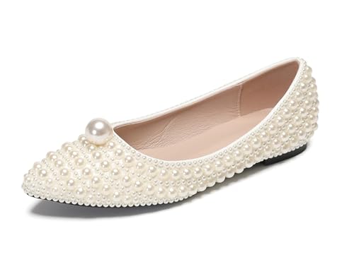 MINITOO Frauen Geschlossene Hochzeits Flache Schuhe Schlüpfen Party Pumps Schuhe F001 Ivory Jeweled EU 40.5 von MINITOO