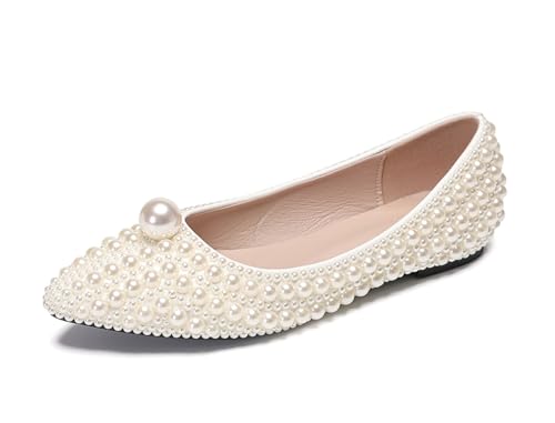 MINITOO Frauen Geschlossene Hochzeits Flache Schuhe Schlüpfen Party Pumps Schuhe F002 Ivory Jeweled EU 40.5 von MINITOO