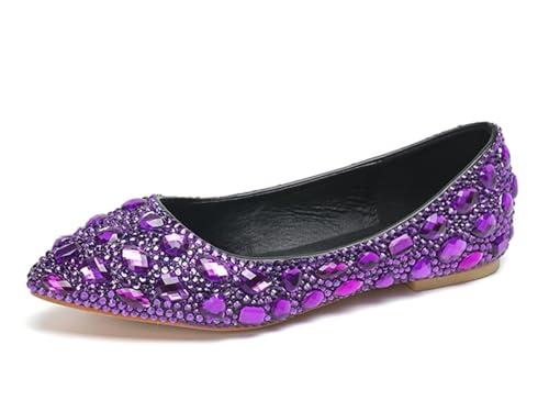 MINITOO Frauen Geschlossene Hochzeits Flache Schuhe Schlüpfen Party Pumps Schuhe F003 Purple Rhinestones EU 40.5 von MINITOO