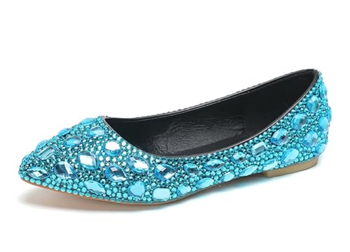 MINITOO Frauen Geschlossene Hochzeits Flache Schuhe Schlüpfen Party Pumps Schuhe F003 Turquoise Rhinestones EU 41.5 von MINITOO