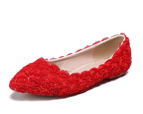 MINITOO Frauen Geschlossene Hochzeits Flache Schuhe Schlüpfen Party Pumps Schuhe F011 Red Rose Flower EU 36.5 von MINITOO