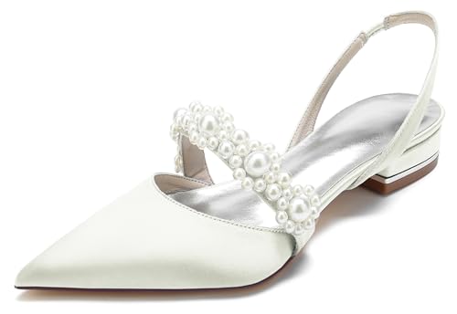 MINITOO Mädchen Damen Abend Kleid Schuhe mit Perlen Ketten Hochzeits Flache Pumps MY159 Ivory EU 42.5 von MINITOO