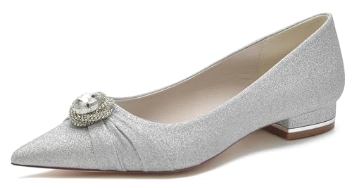 MINITOO Mädchen Damen Abendkleid Flache Schuhe Spitz Geschlossene Brautschuhe Hochzeits Pumps mit Knoten MY219 Silber EU 38 von MINITOO