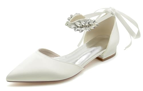 MINITOO Mädchen Damen Flache Pumps Elegant Fesselriemen Brautschuhe Hochzeits Abend Schuhe mit Strass MY239 Ivory EU 42.5 von MINITOO