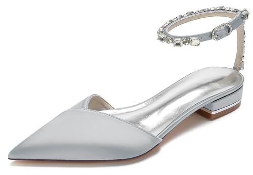 MINITOO Mädchen Damen Hochzeits Flache Schuhe Fesselriemen Abend Prom Pumps mit Ketten MY164 Silber EU 40.5 von MINITOO