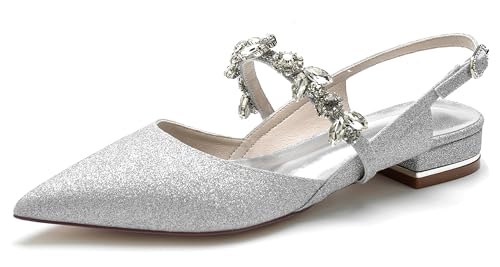 MINITOO Mädchen Damen Spitz Hochzeits Flachepumps Slingback Mary Jane Abend Flache Schuhe mit Strass MY202 Silber EU 38 von MINITOO