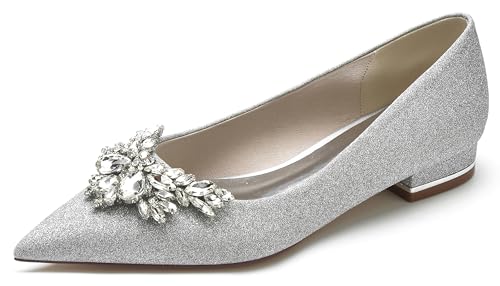MINITOO Mädchen Damens Bling Hochzeits Flache Schuhe Glitzer Abend Pumps Flacheschuhe mit Schleifen MY216 Silber EU 41 von MINITOO