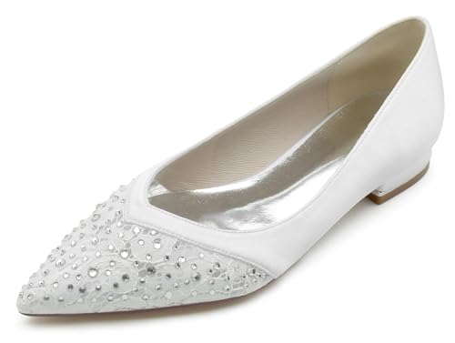 MINITOO Mädchen Damens Slip On Hochzeits Pumps mit Kristalle Abend Flache Schuhe MY238 Weiß EU 42.5 von MINITOO