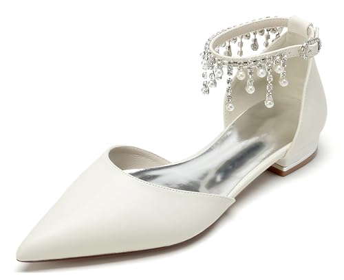 MINITOO Mädchen Frauen Hochzeits Flache Schuhe Rhinestones Brautschuhe Spitz Abend Pumps MY277 Ivory EU 42.5 von MINITOO