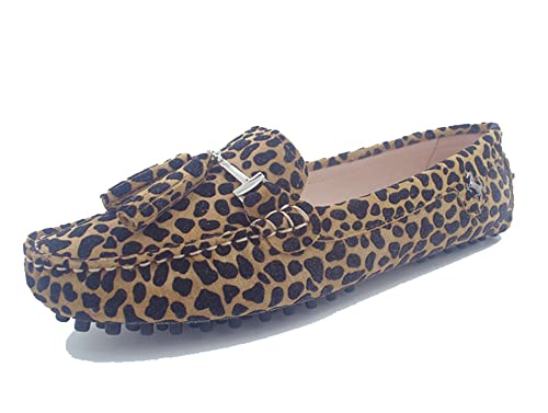 MINITOO Mokassins Fuer Damen Wildleder Freizeit Sommer Loafers Flache Schuhe mit Quasten Leopardenmuster Braun EU 40 von MINITOO