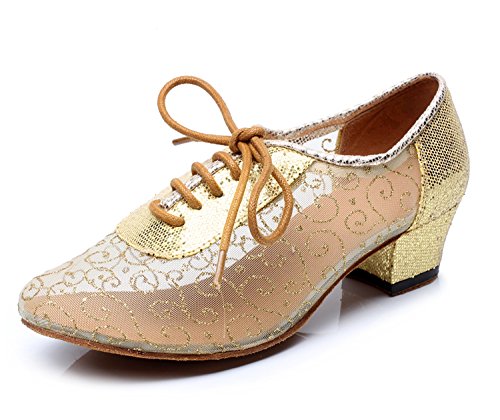 MINITOO QJ9005 Damen-Schnürschuhe, modern, Salsa, Tango, Ballsaal, Lateinamerikanisch, Hochzeit, Party, Abendveranstaltung, Tanzschuhe, Gold - Gold 4 cm Absatz - Größe: 38.5 EU von MINITOO