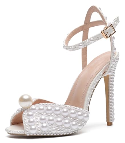 MINITOO Schuhe fur Damen fur Hochzeits Slingback Abend Prom Sandalen mit Perlen LH001 Weiß EU 42 von MINITOO