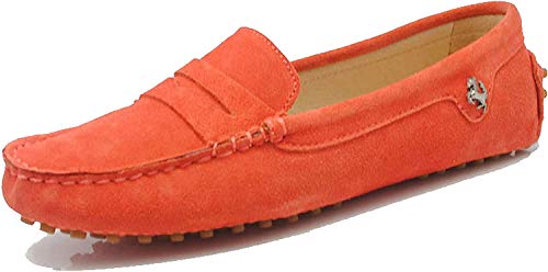 MINITOO Damen Sommer Mokassin Bequem Penny Loafers Wildleder Slipper Schuhe Orange Rot EU 38 von MINITOO