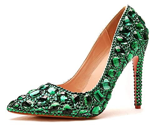MINITOO Strass-Hochzeitsschuhe für Frauen, Slip-On-Party-Abend-Pumps, Strass Grün, 38.5 EU von MINITOO