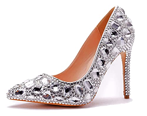 MINITOO Strass-Hochzeitsschuhe für Frauen, Slip-On-Party-Abend-Pumps, Strass Silber, 37.5 EU von MINITOO